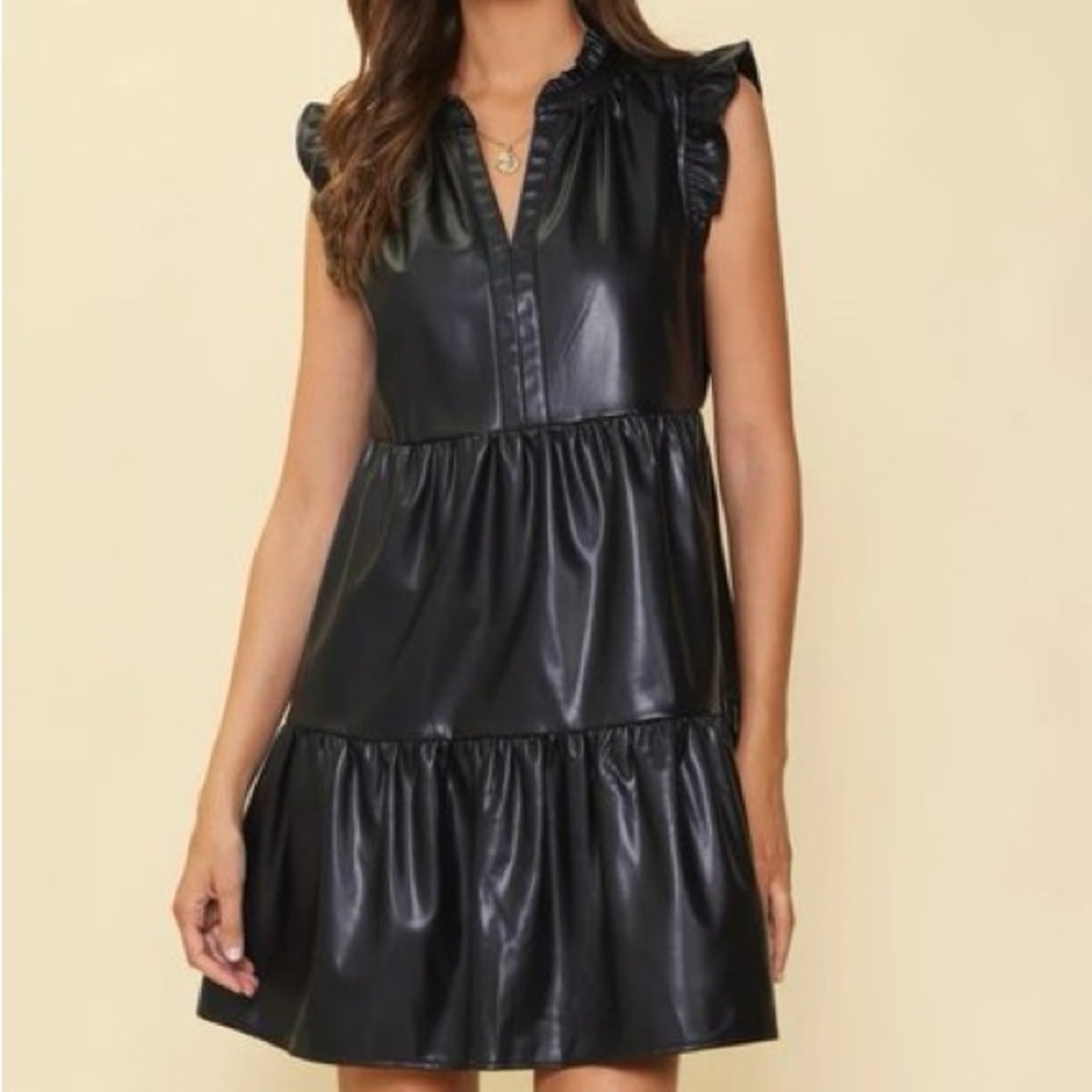 Skies Are Blue Stella‎ Black Faux Vegan Leather Ruffles Tiered Mini Dress
